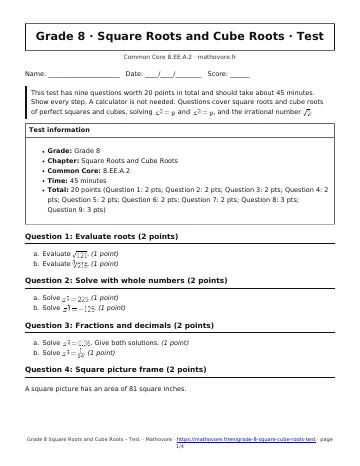 Page 1 of the Grade 8 Square Roots and Cube Roots test PDF