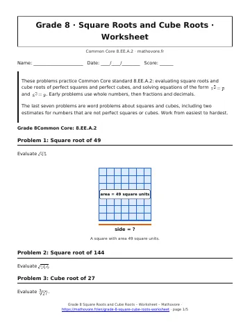 Page 1 of the Grade 8 Square Roots and Cube Roots worksheet PDF