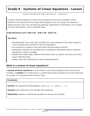 Page 1 of the Grade 8 Systems of Linear Equations lesson PDF