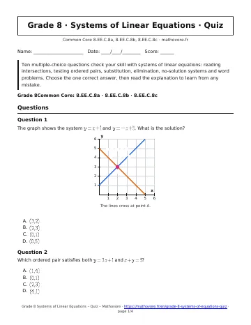 Page 1 of the Grade 8 Systems of Linear Equations quiz PDF