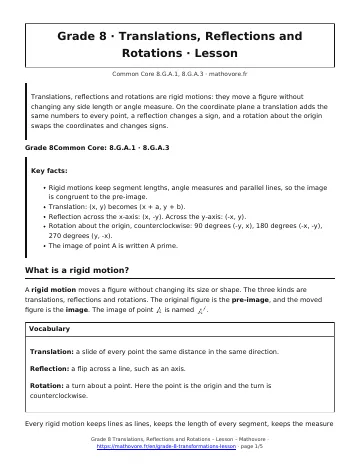 Page 1 of the Grade 8 Translations, Reflections and Rotations lesson PDF