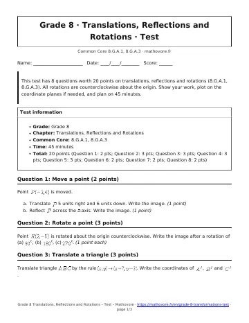 Page 1 of the Grade 8 Translations, Reflections and Rotations test PDF