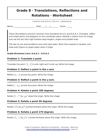 Page 1 of the Grade 8 Translations, Reflections and Rotations worksheet PDF