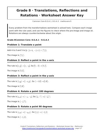 Page 1 of the Grade 8 Translations, Reflections and Rotations worksheet answer key PDF