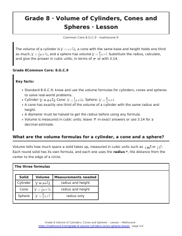 Page 1 of the Grade 8 Volume of Cylinders, Cones and Spheres lesson PDF