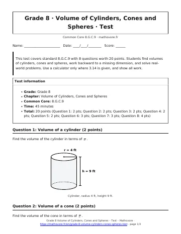 Page 1 of the Grade 8 Volume of Cylinders, Cones and Spheres test PDF