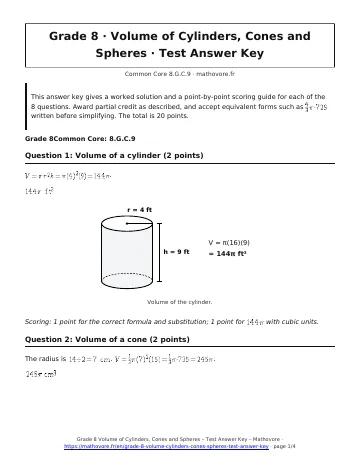 Page 1 of the Grade 8 Volume of Cylinders, Cones and Spheres test answer key PDF