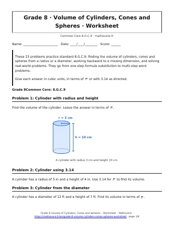 Page 1 of the Grade 8 Volume of Cylinders, Cones and Spheres worksheet PDF