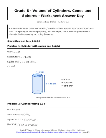 Page 1 of the Grade 8 Volume of Cylinders, Cones and Spheres worksheet answer key PDF