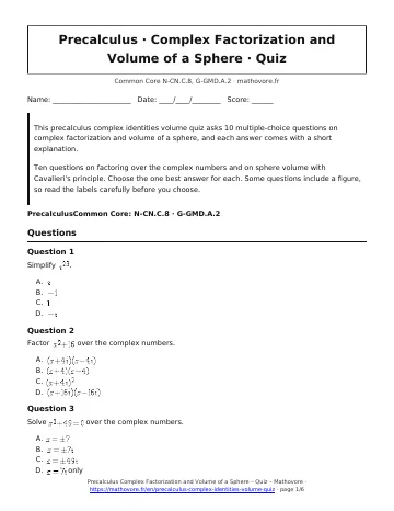 Page 1 of the Precalculus Complex Factorization and Volume of a Sphere quiz PDF