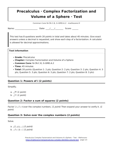 Page 1 of the Precalculus Complex Factorization and Volume of a Sphere test PDF