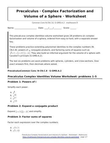 Page 1 of the Precalculus Complex Factorization and Volume of a Sphere worksheet PDF