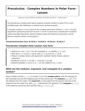 Page 1 of the Precalculus Complex Numbers in Polar Form lesson PDF