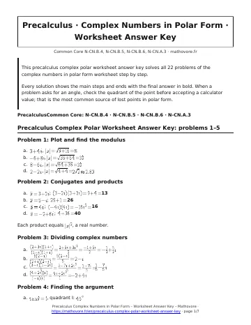 Page 1 of the Precalculus Complex Numbers in Polar Form worksheet answer key PDF