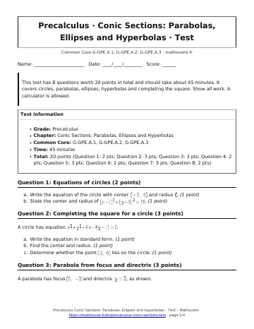 Page 1 of the Precalculus Conic Sections: Parabolas, Ellipses and Hyperbolas test PDF