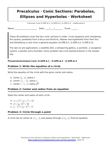 Page 1 of the Precalculus Conic Sections: Parabolas, Ellipses and Hyperbolas worksheet PDF