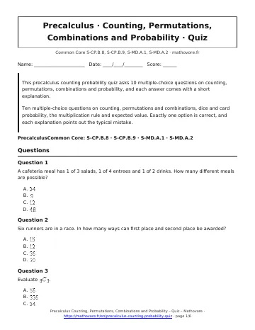 Page 1 of the Precalculus Counting, Permutations, Combinations and Probability quiz PDF