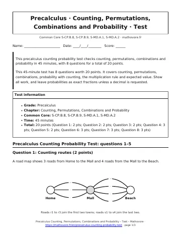 Page 1 of the Precalculus Counting, Permutations, Combinations and Probability test PDF