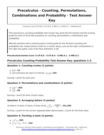 Page 1 of the Precalculus Counting, Permutations, Combinations and Probability test answer key PDF