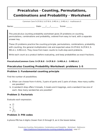 Page 1 of the Precalculus Counting, Permutations, Combinations and Probability worksheet PDF