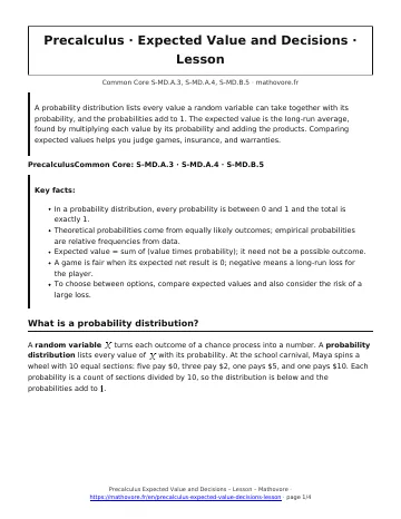 Page 1 of the Precalculus Expected Value and Decisions lesson PDF