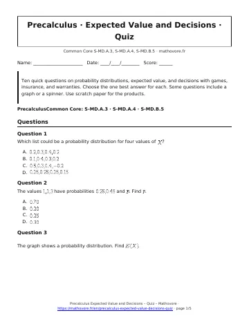 Page 1 of the Precalculus Expected Value and Decisions quiz PDF