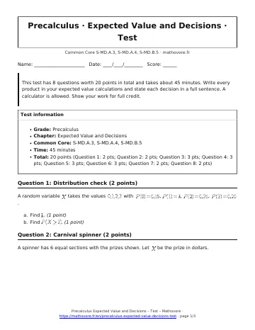 Page 1 of the Precalculus Expected Value and Decisions test PDF