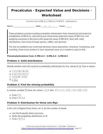 Page 1 of the Precalculus Expected Value and Decisions worksheet PDF