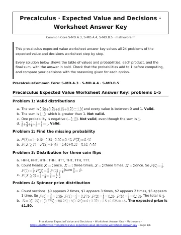 Page 1 of the Precalculus Expected Value and Decisions worksheet answer key PDF