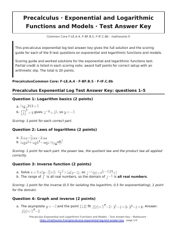 Page 1 of the Precalculus Exponential and Logarithmic Functions and Models test answer key PDF