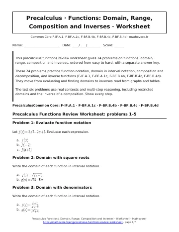 Page 1 of the Precalculus Functions: Domain, Range, Composition and Inverses worksheet PDF