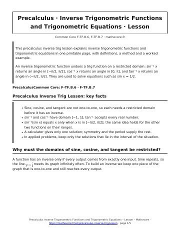 Page 1 of the Precalculus Inverse Trigonometric Functions and Trigonometric Equations lesson PDF