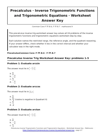 Page 1 of the Precalculus Inverse Trigonometric Functions and Trigonometric Equations worksheet answer key PDF