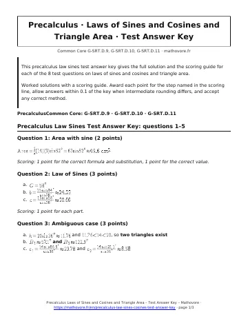 Page 1 of the Precalculus Laws of Sines and Cosines and Triangle Area test answer key PDF