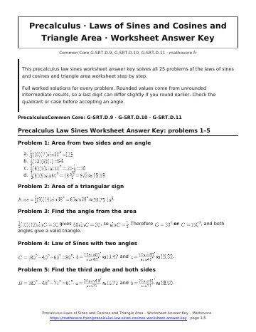 Page 1 of the Precalculus Laws of Sines and Cosines and Triangle Area worksheet answer key PDF
