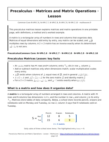 Page 1 of the Precalculus Matrices and Matrix Operations lesson PDF