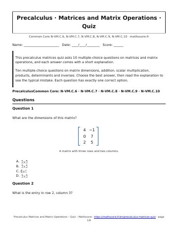 Page 1 of the Precalculus Matrices and Matrix Operations quiz PDF