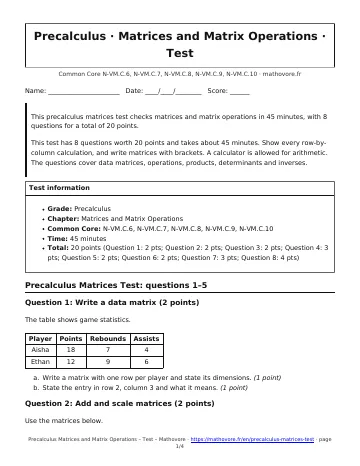 Page 1 of the Precalculus Matrices and Matrix Operations test PDF