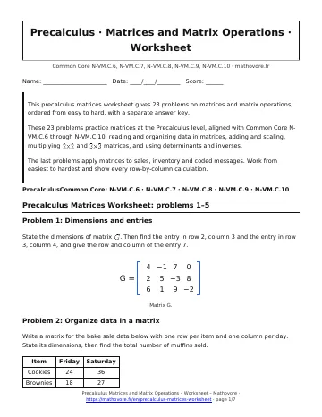 Page 1 of the Precalculus Matrices and Matrix Operations worksheet PDF