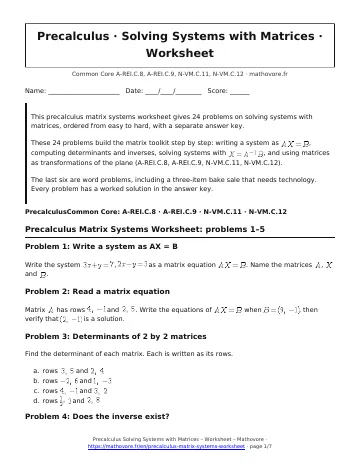 Page 1 of the Precalculus Solving Systems with Matrices worksheet PDF