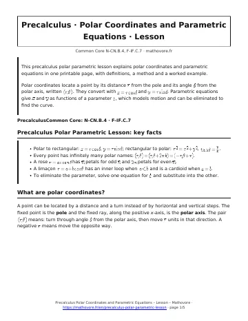 Page 1 of the Precalculus Polar Coordinates and Parametric Equations lesson PDF