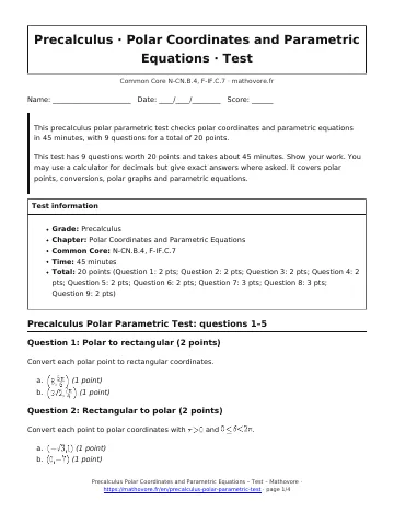 Page 1 of the Precalculus Polar Coordinates and Parametric Equations test PDF