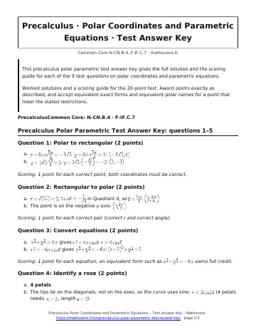 Page 1 of the Precalculus Polar Coordinates and Parametric Equations test answer key PDF