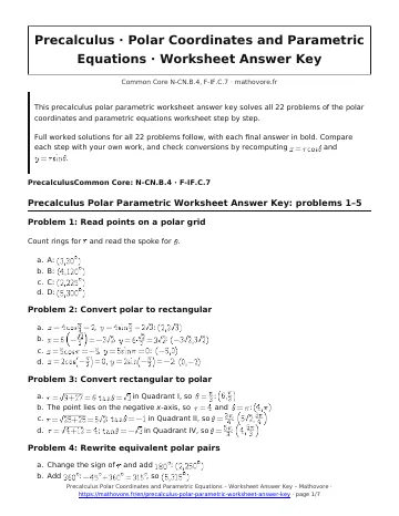 Page 1 of the Precalculus Polar Coordinates and Parametric Equations worksheet answer key PDF