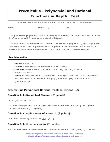 Page 1 of the Precalculus Polynomial and Rational Functions in Depth test PDF