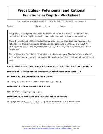 Page 1 of the Precalculus Polynomial and Rational Functions in Depth worksheet PDF