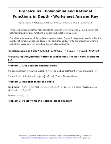 Page 1 of the Precalculus Polynomial and Rational Functions in Depth worksheet answer key PDF