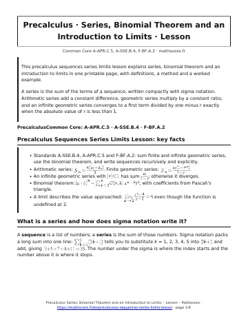 Page 1 of the Precalculus Series, Binomial Theorem and an Introduction to Limits lesson PDF
