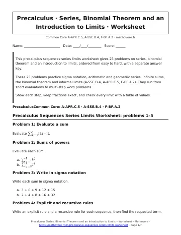 Page 1 of the Precalculus Series, Binomial Theorem and an Introduction to Limits worksheet PDF
