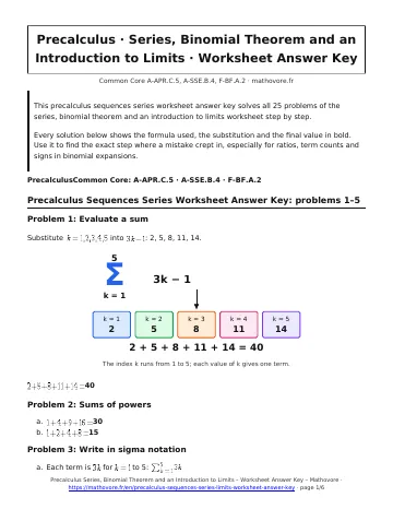 Page 1 of the Precalculus Series, Binomial Theorem and an Introduction to Limits worksheet answer key PDF